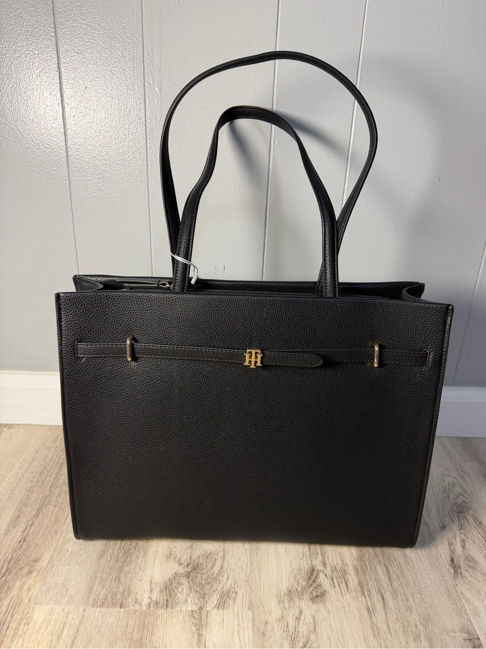 Tommy Hilfiger Black Pebbled Leather Tote with Gold Logo